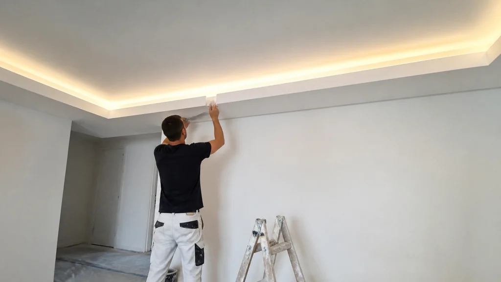 Illustration éditoriale pour l’article « Comment réussir un coffrage placo plafond led esthétique »