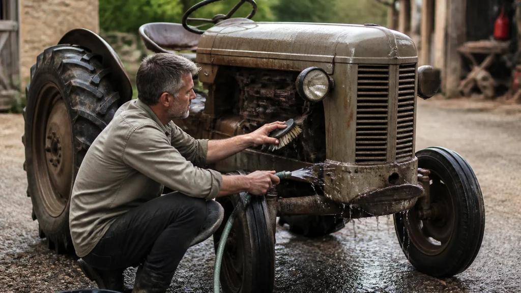 Illustration éditoriale pour l’article « Comment nettoyer votre vieux tracteur sans l'abîmer »