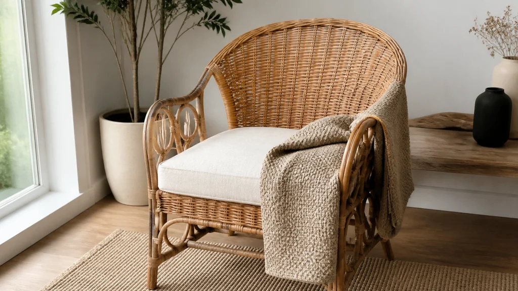 Illustration éditoriale pour l’article « Comment relooker un fauteuil en rotin pour un style moderne »