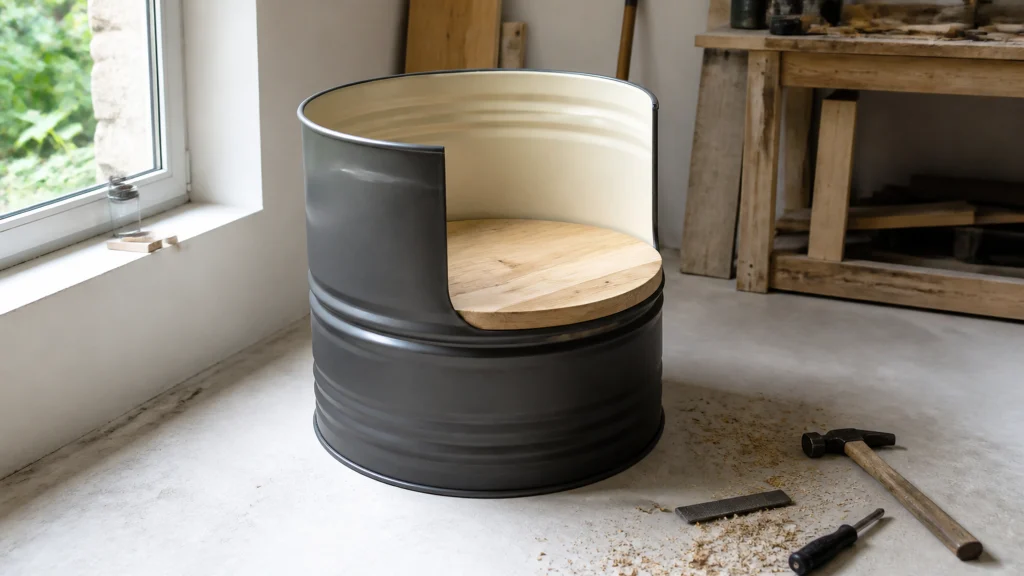 Illustration éditoriale pour l’article « Comment transformer un fût métallique en meuble design »