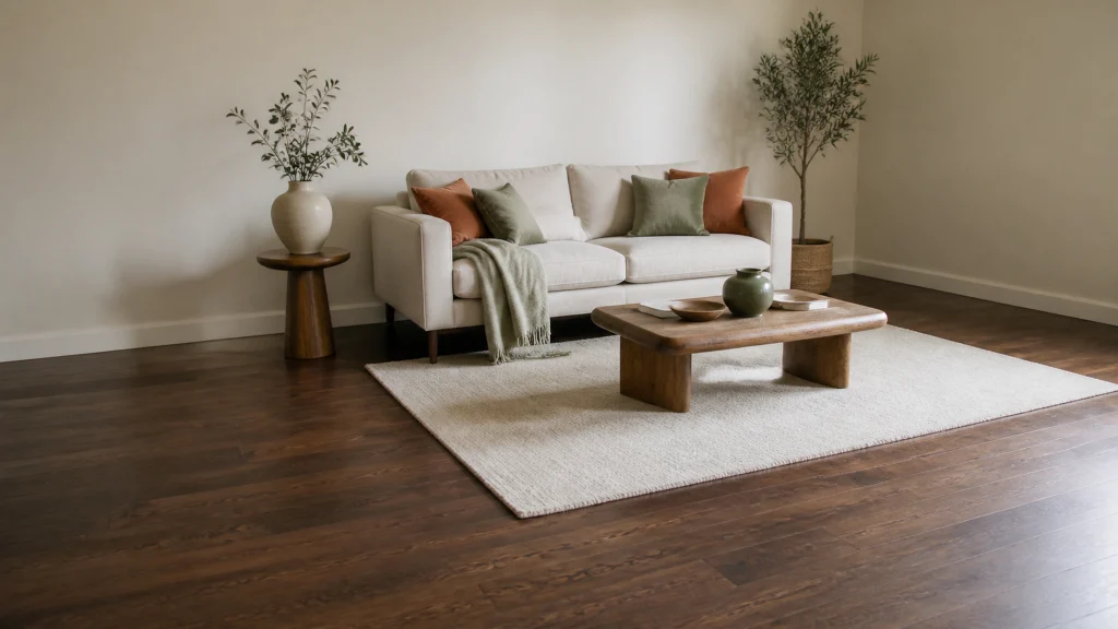 Illustration éditoriale pour l’article « Quelle couleur avec parquet chêne foncé pour votre déco »
