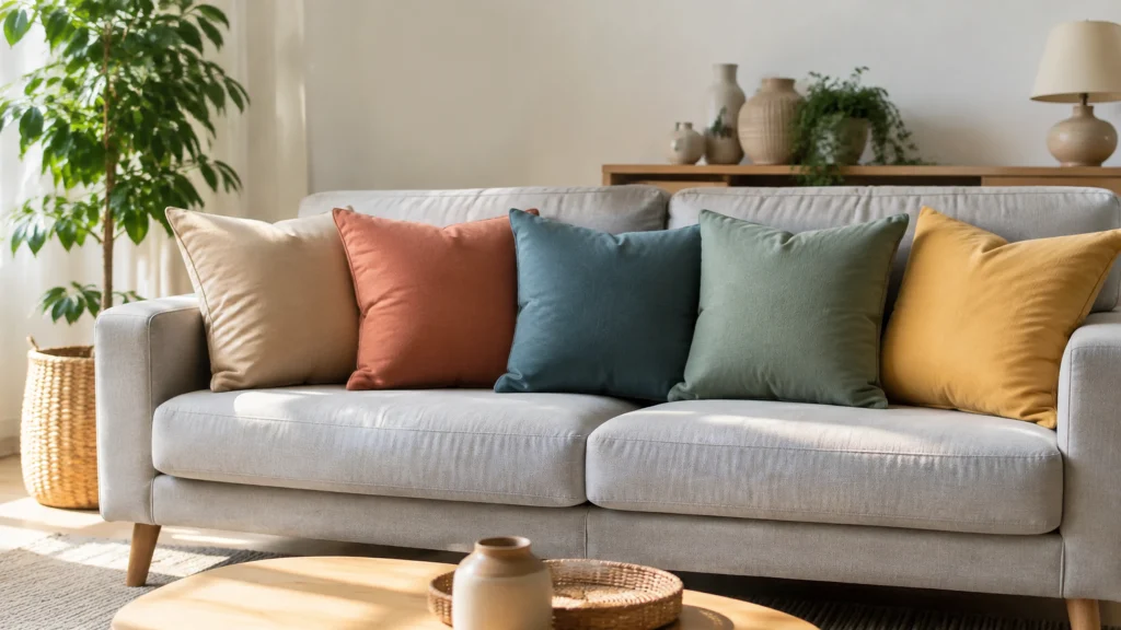 Illustration éditoriale pour l’article « Quelle couleur de coussin pour un canapé gris clair »